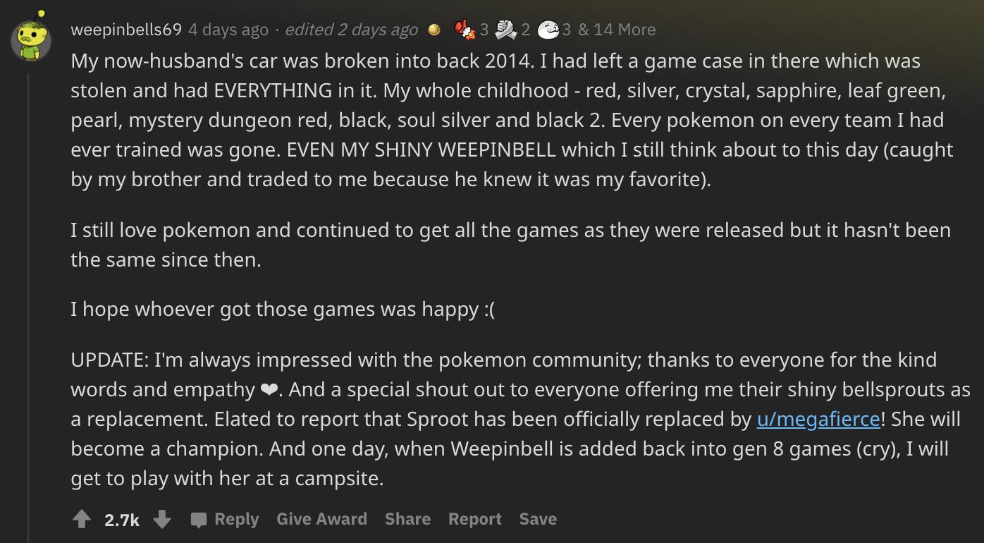 Screenshot of Reddit user telling tragic Pokemon story.