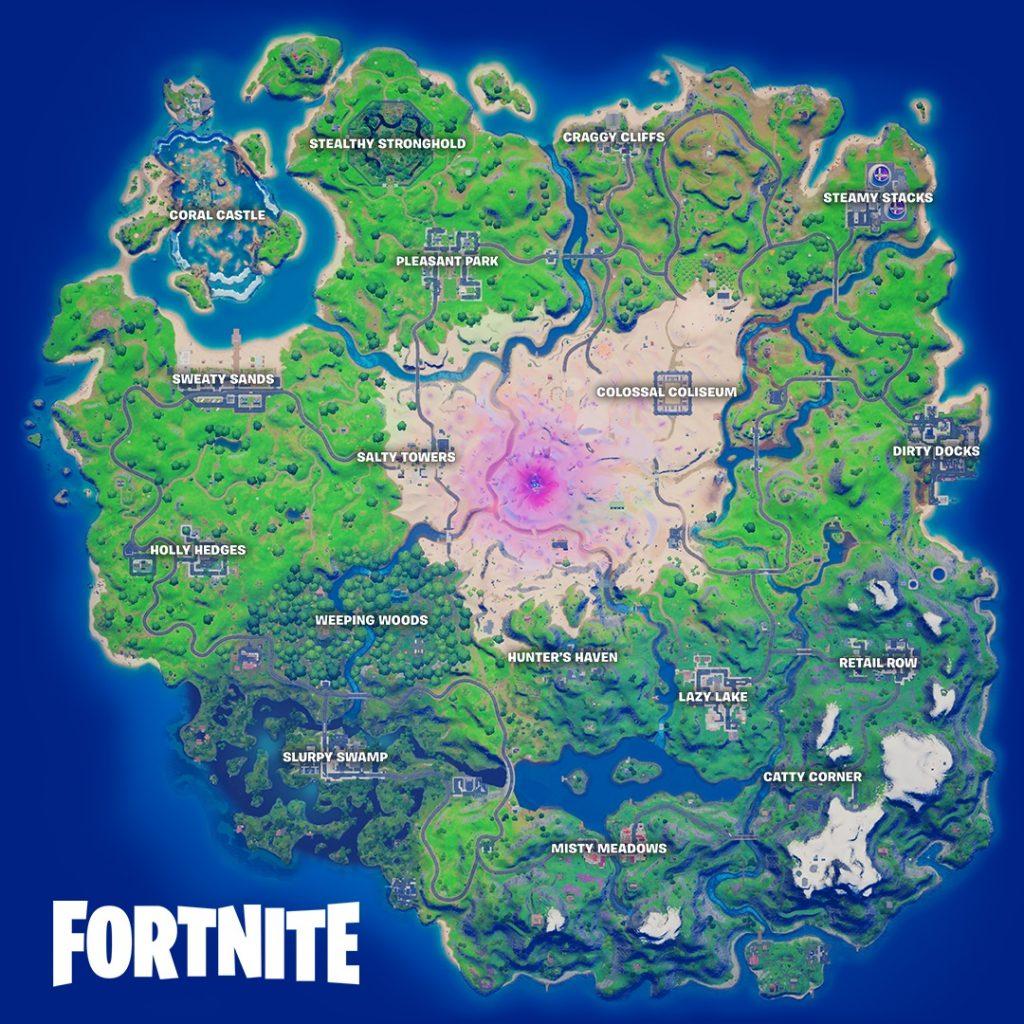 Fortnite's updated map, with new POIs, and a few returning favorites.
