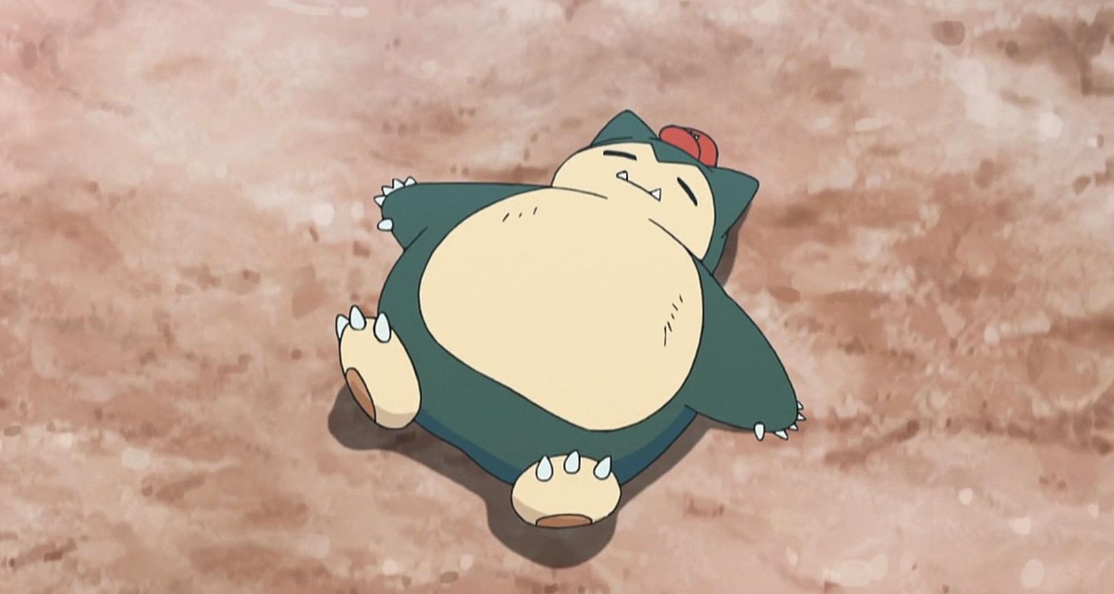 Screenshot of Snorlax sleeping in the Pokemon anime.