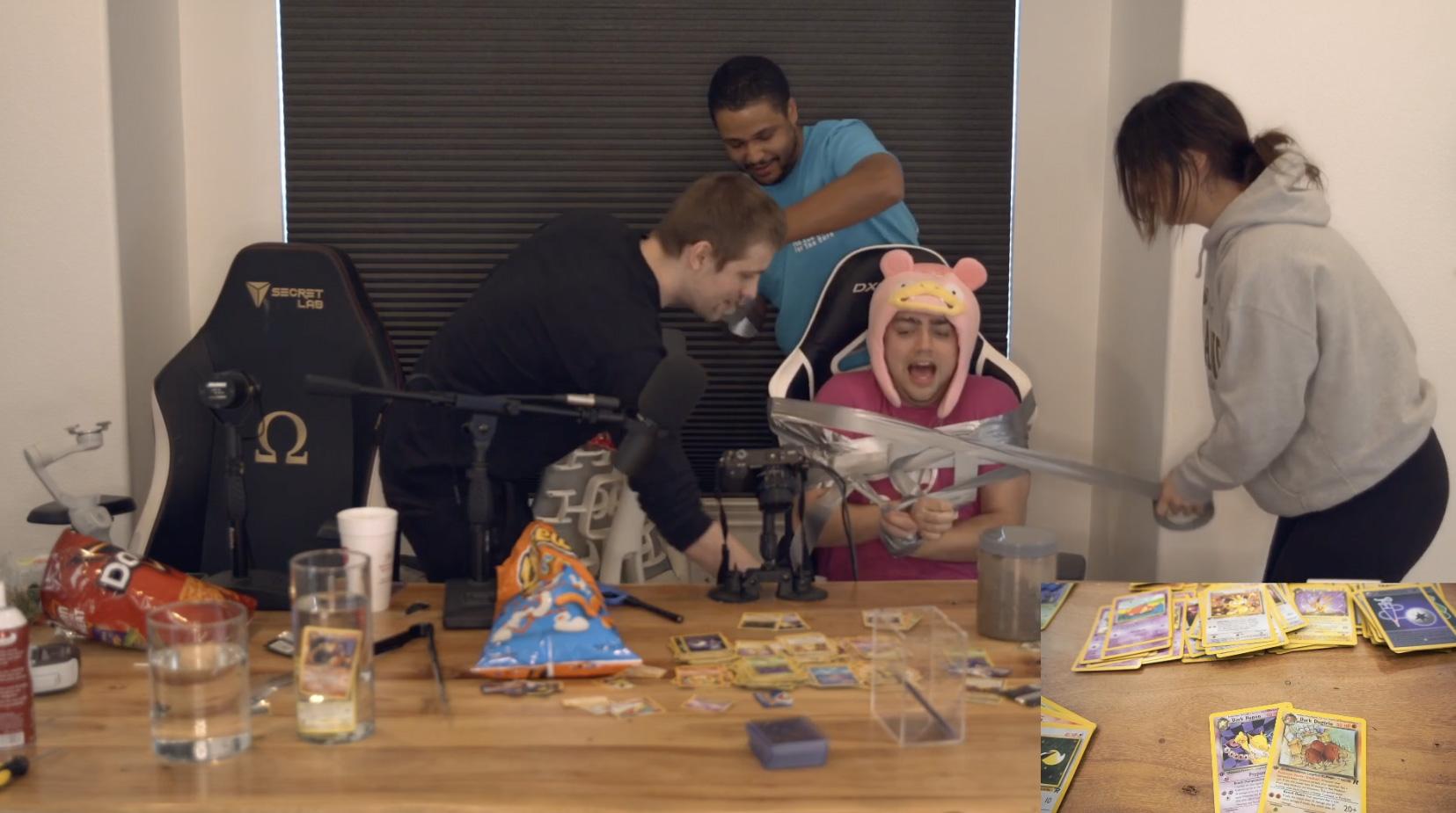 Screenshot of Mizkif being taped to chair during Sodapoppin Pokemon card Twitch stream.