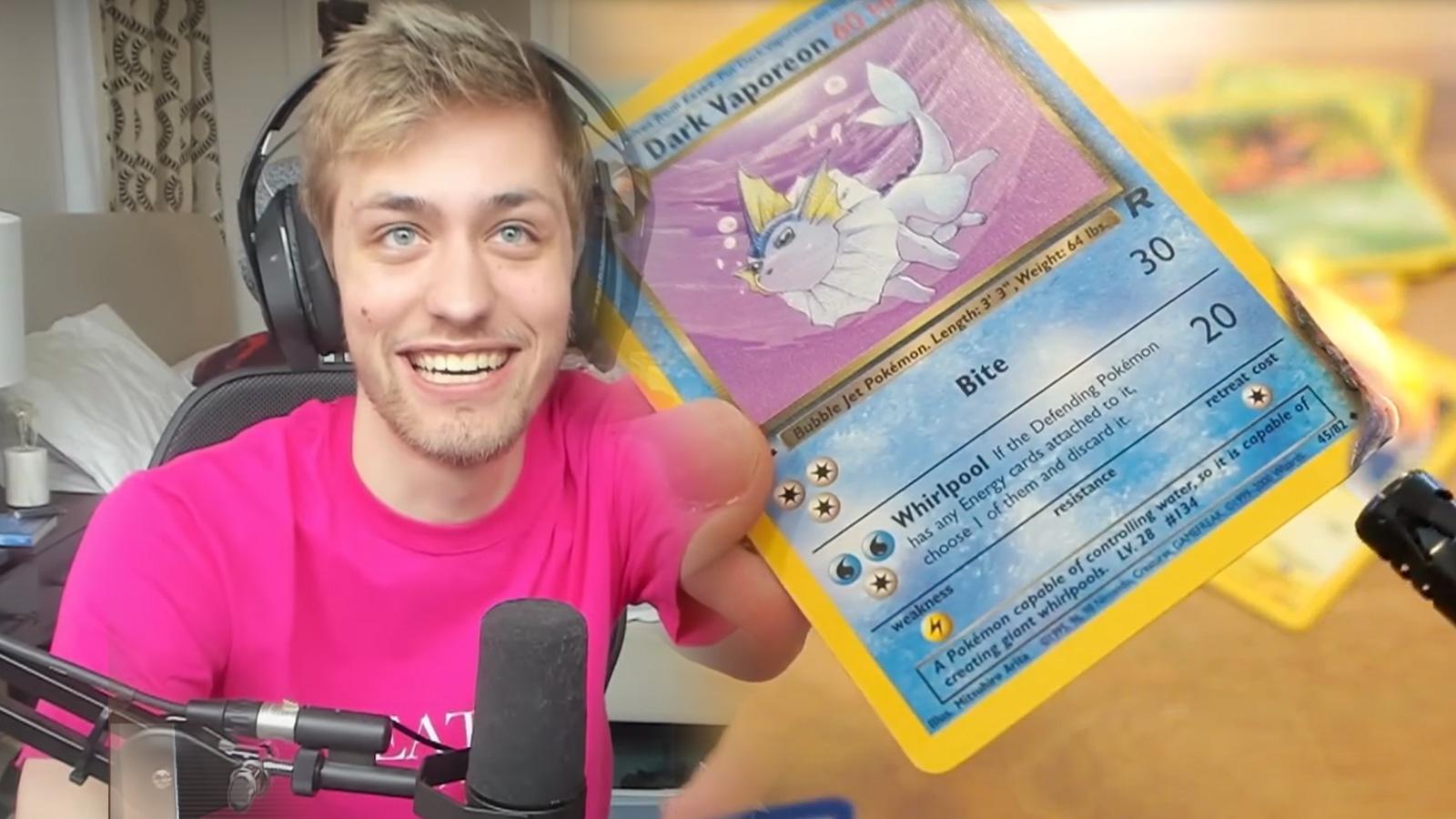 Screenshot of Twitch streamer Sodapoppin laughing next to burning Pokemon card.