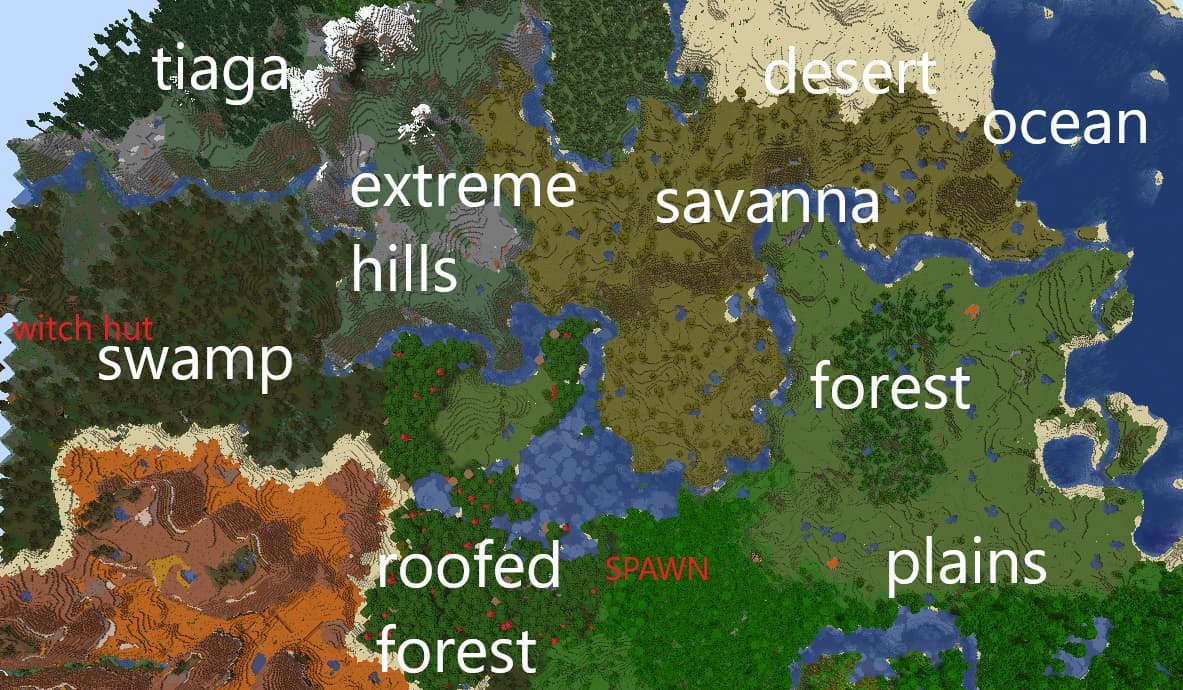 A map of 11 biomes featured in Minecraft using a seed