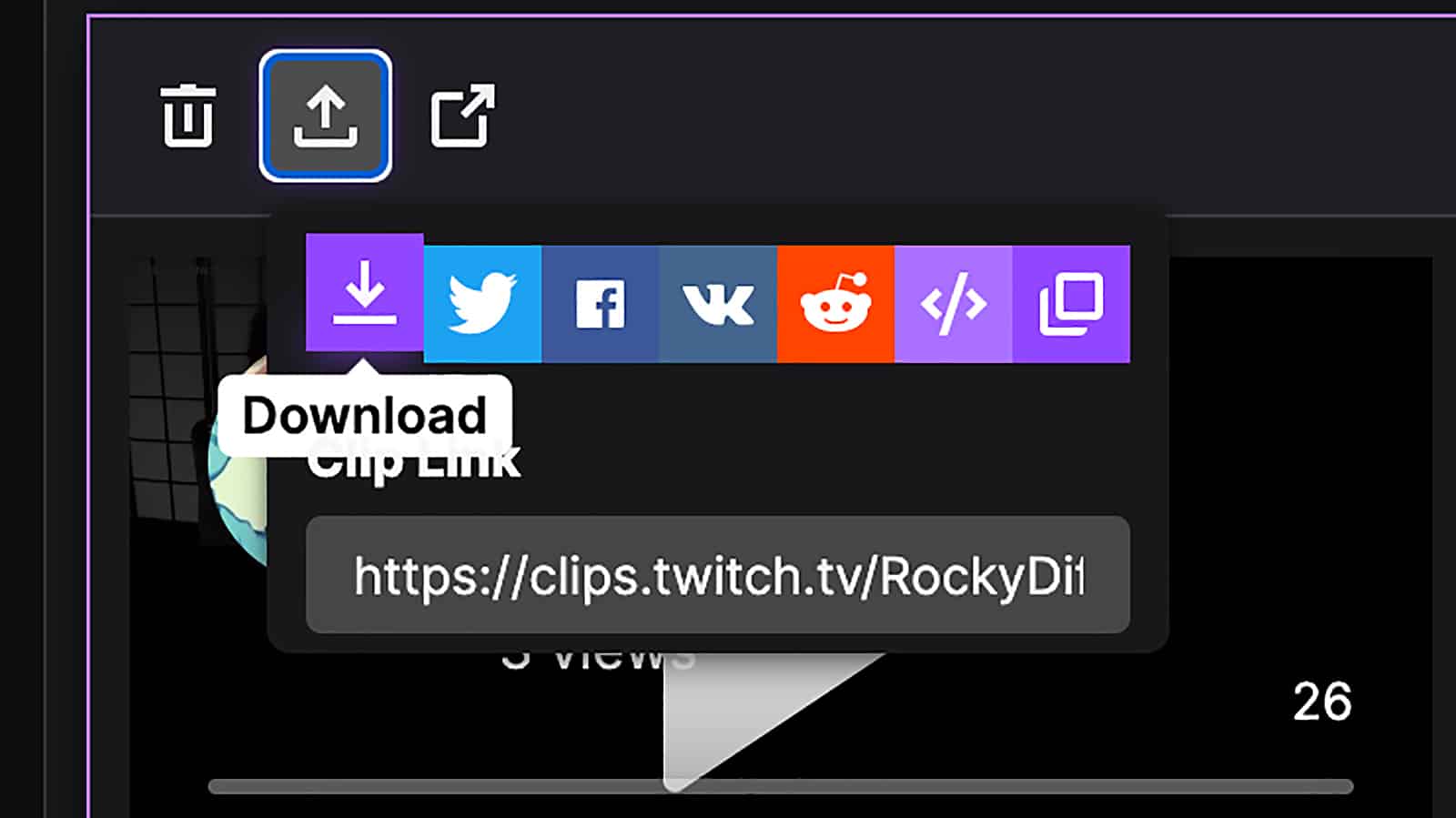 A screenshot showing how to save and download a clip on Twitch