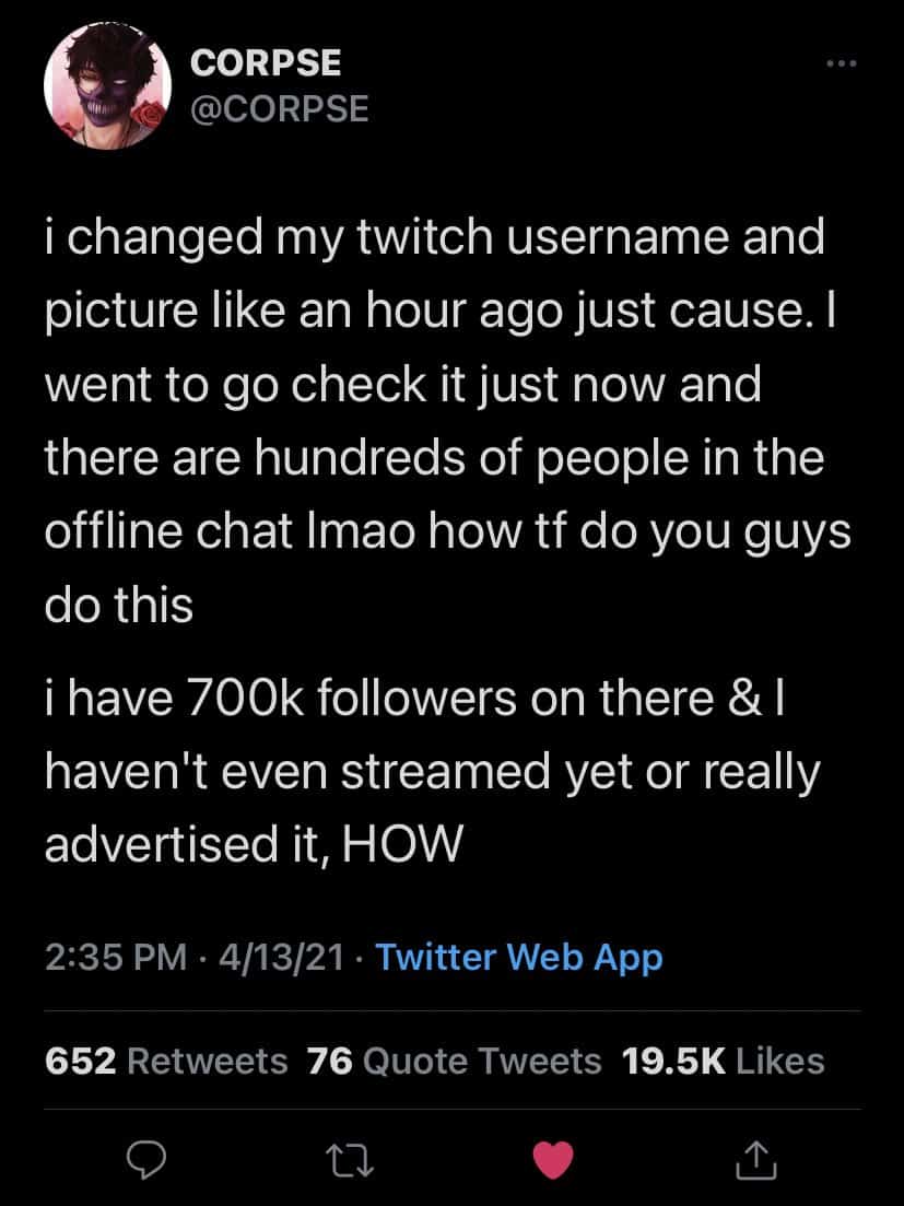 Corpse deleted tweet about Twitch page update.