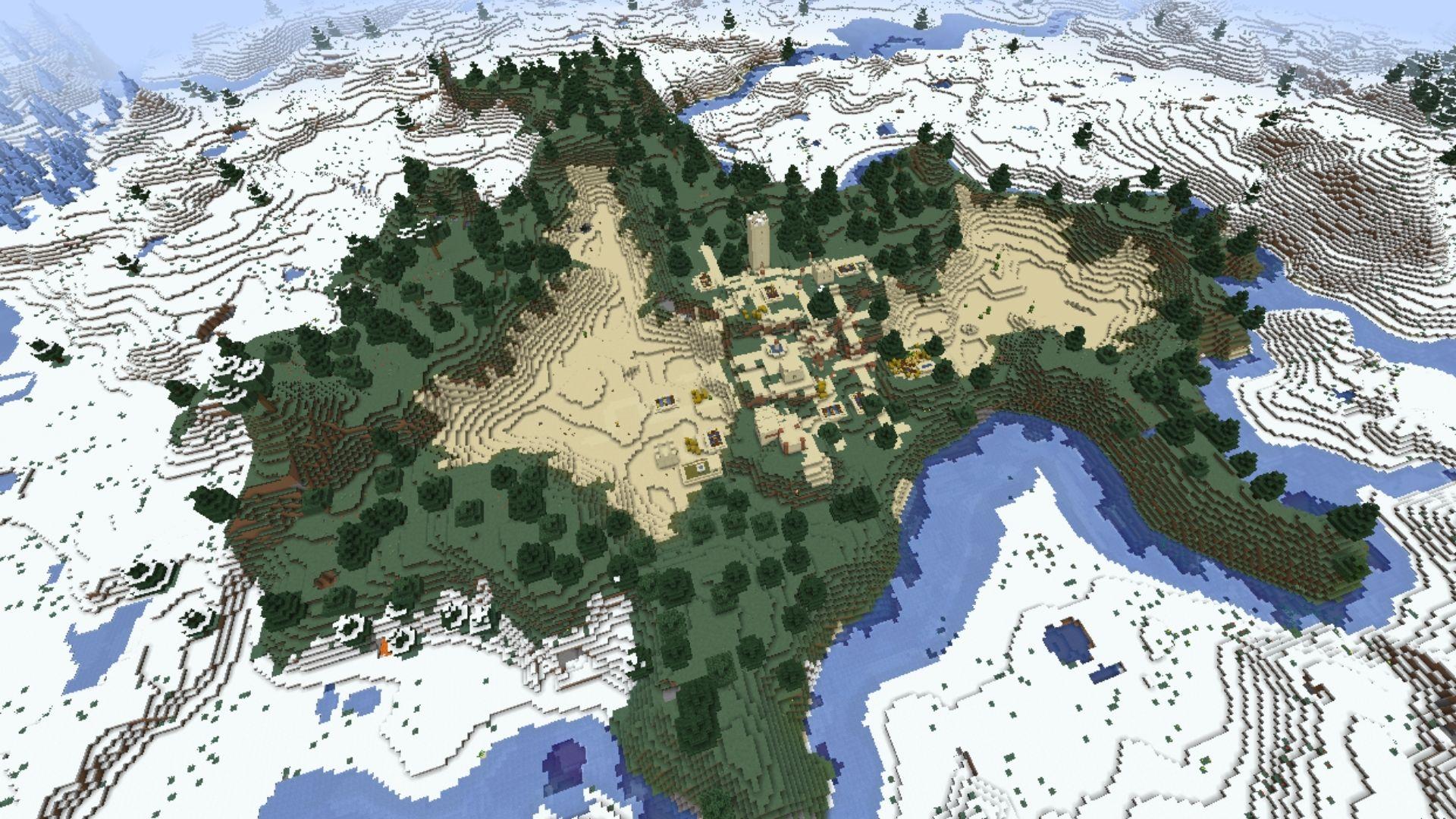 A hidden desert village in Minecraft surrounded by water.