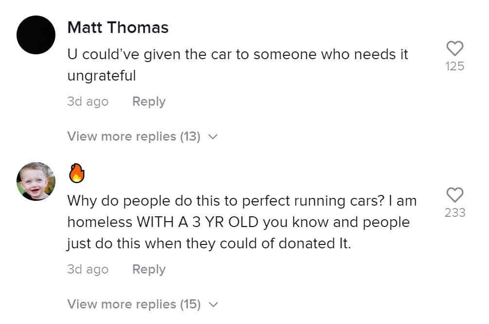 Commenters berate Alex Warren's car prank.