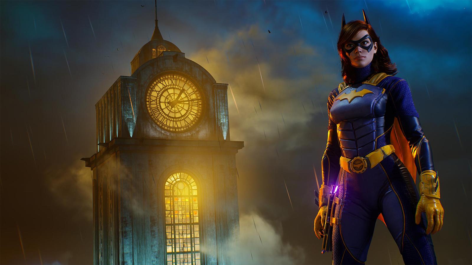 Batgirl standing by a clocktower in Gotham Knights