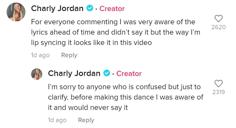 Charly Jordan denies mouthing a racial slur during a TikTok video.