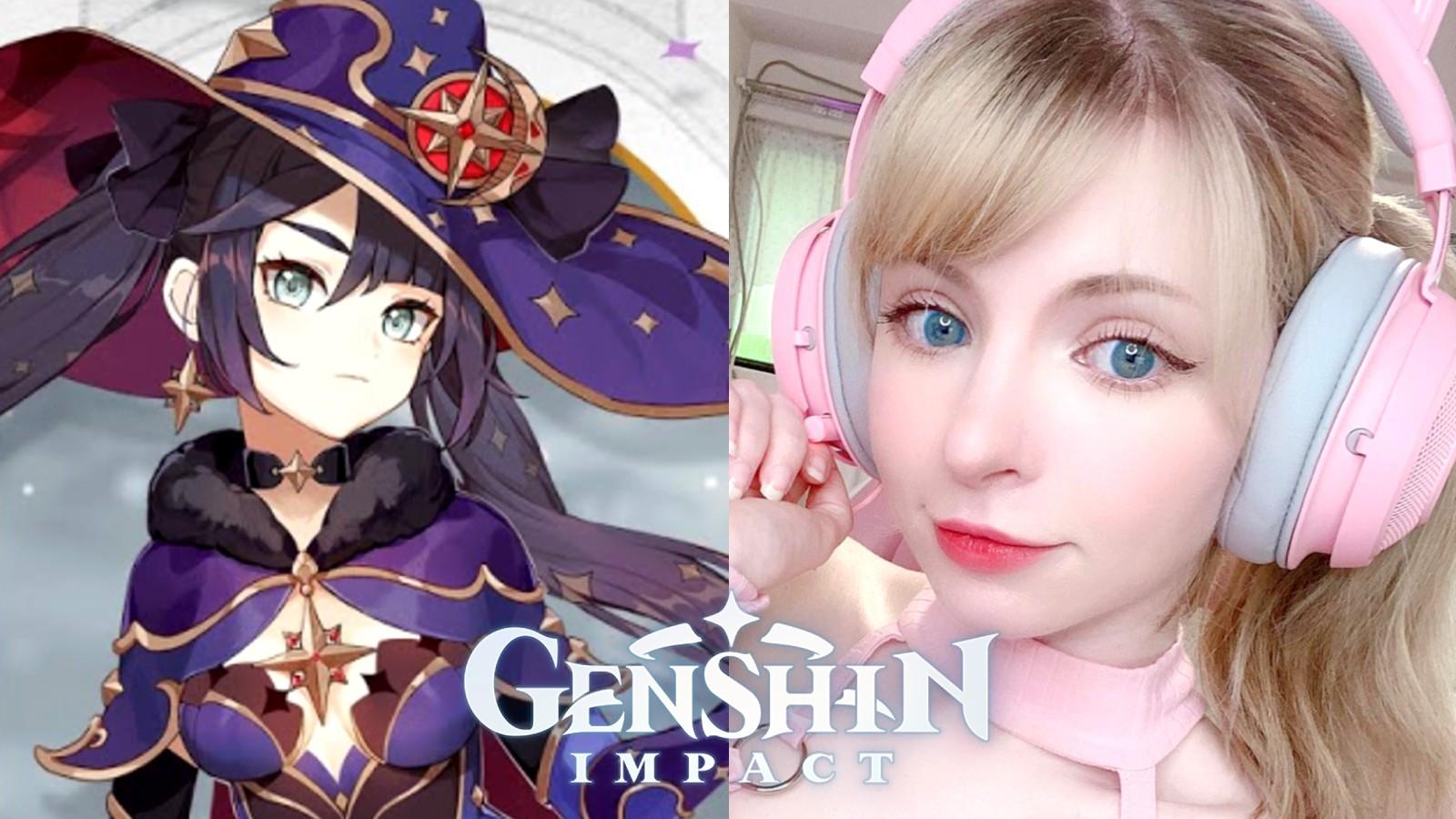 Cosplayer peachmilky_ next to Mona from Genshin Impact