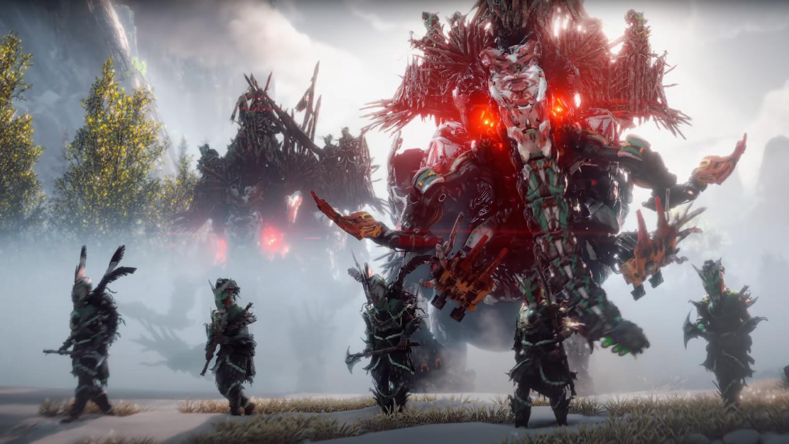 Four people stand armored in front of a gigantic mechanical creature, surrounded by fog
