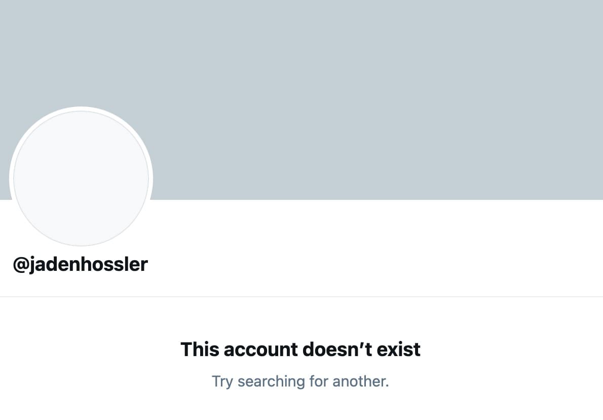 Screenshot showing that Jaden Hossler's account doesn't exist