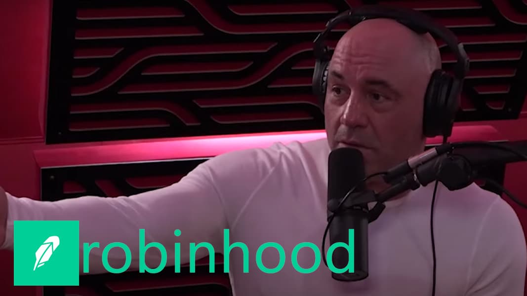 Joe Rogan on podcast with Robinhood logo