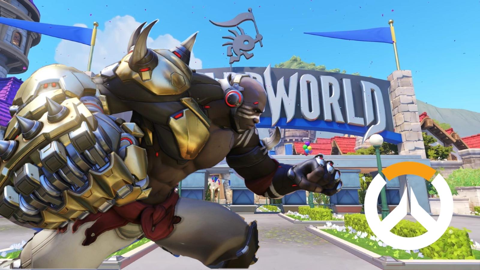Doomfist in front of the Blizzard World sign