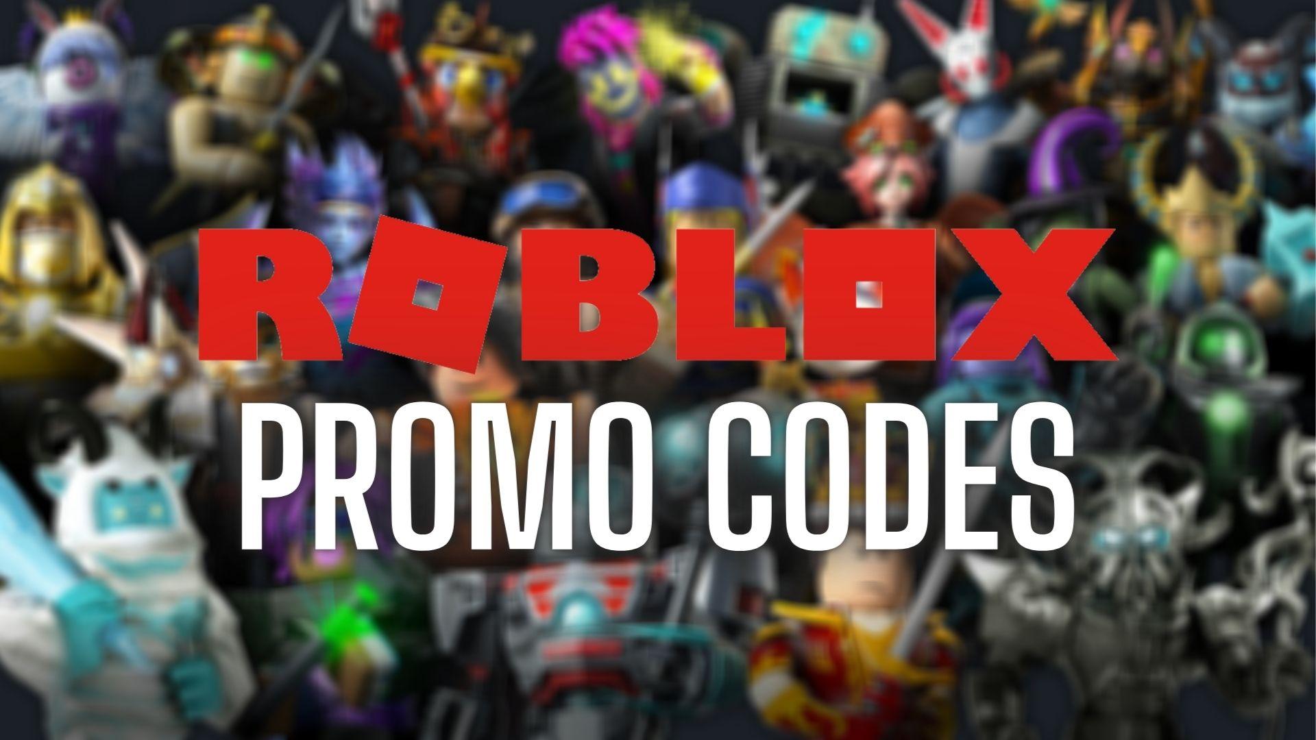 Text that says 'Roblox promo codes' with a blurred background of different items in the game