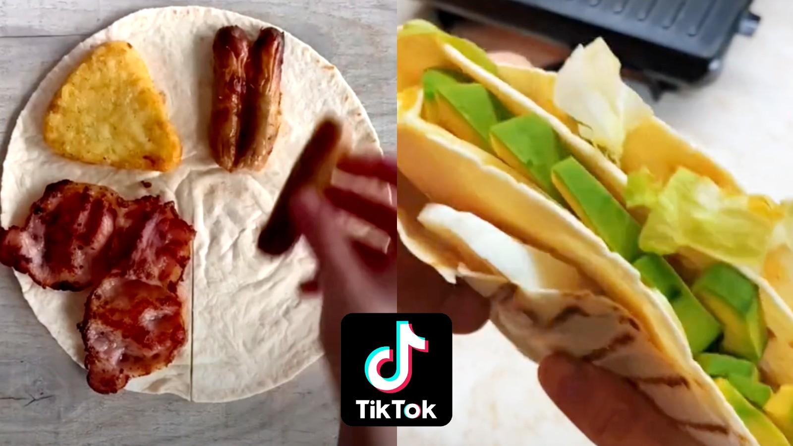 Tortilla unfolded and folded next to each other with the TikTok logo