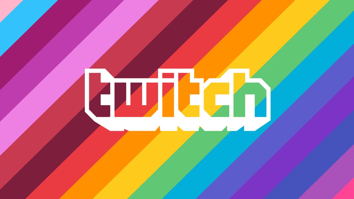 The Twitch logo with a rainbow Pride flag behind it