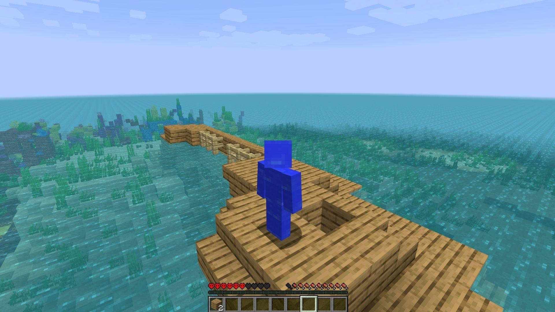 A Minecraft character in the middle of the Water World map