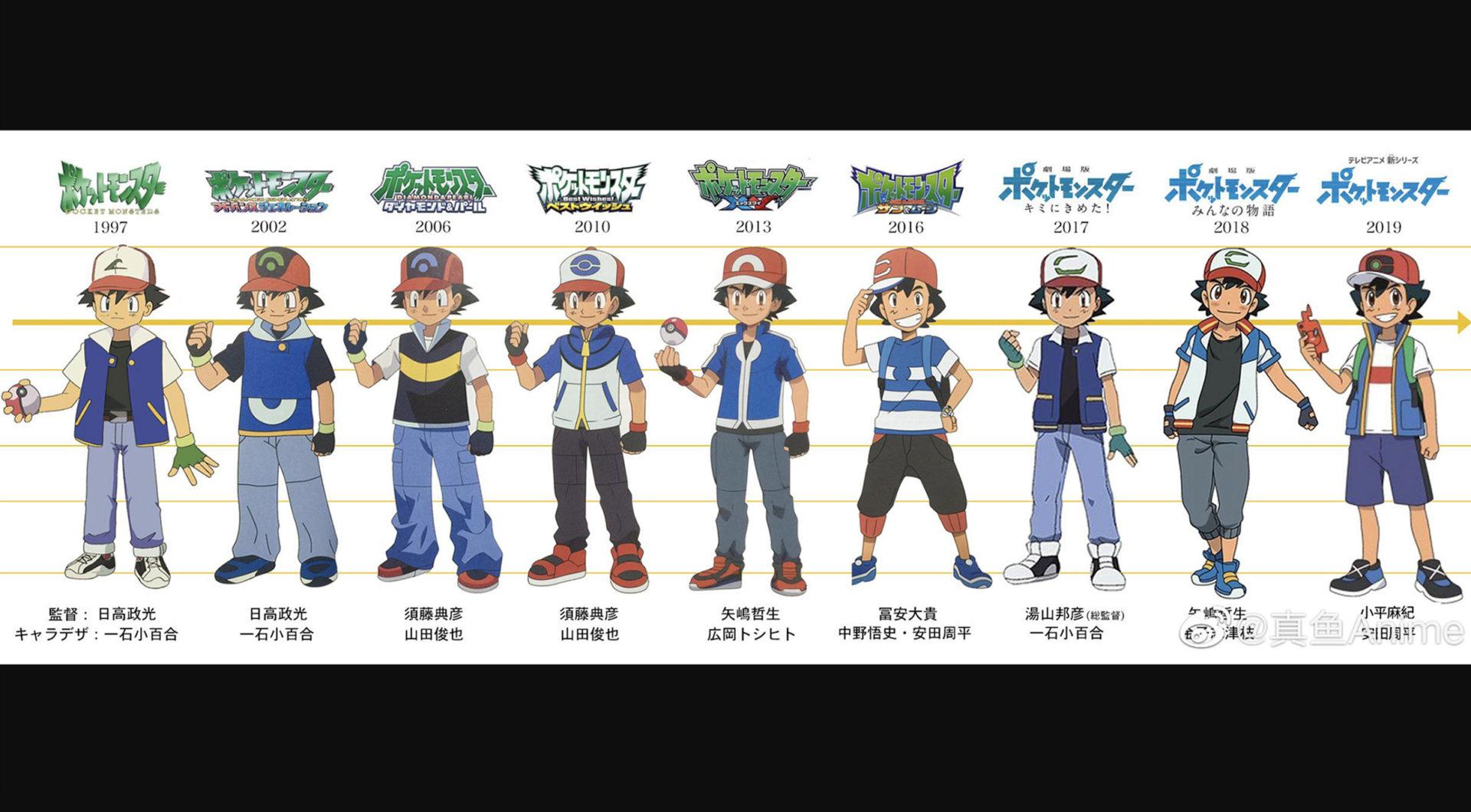 Screenshot of Pokemon Anime protagonist Ash Ketchum design changes over the years.