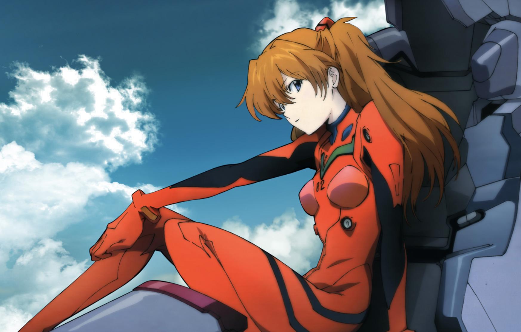 Screenshot of Asuka Langley in Evangelion anime sitting on a mech.
