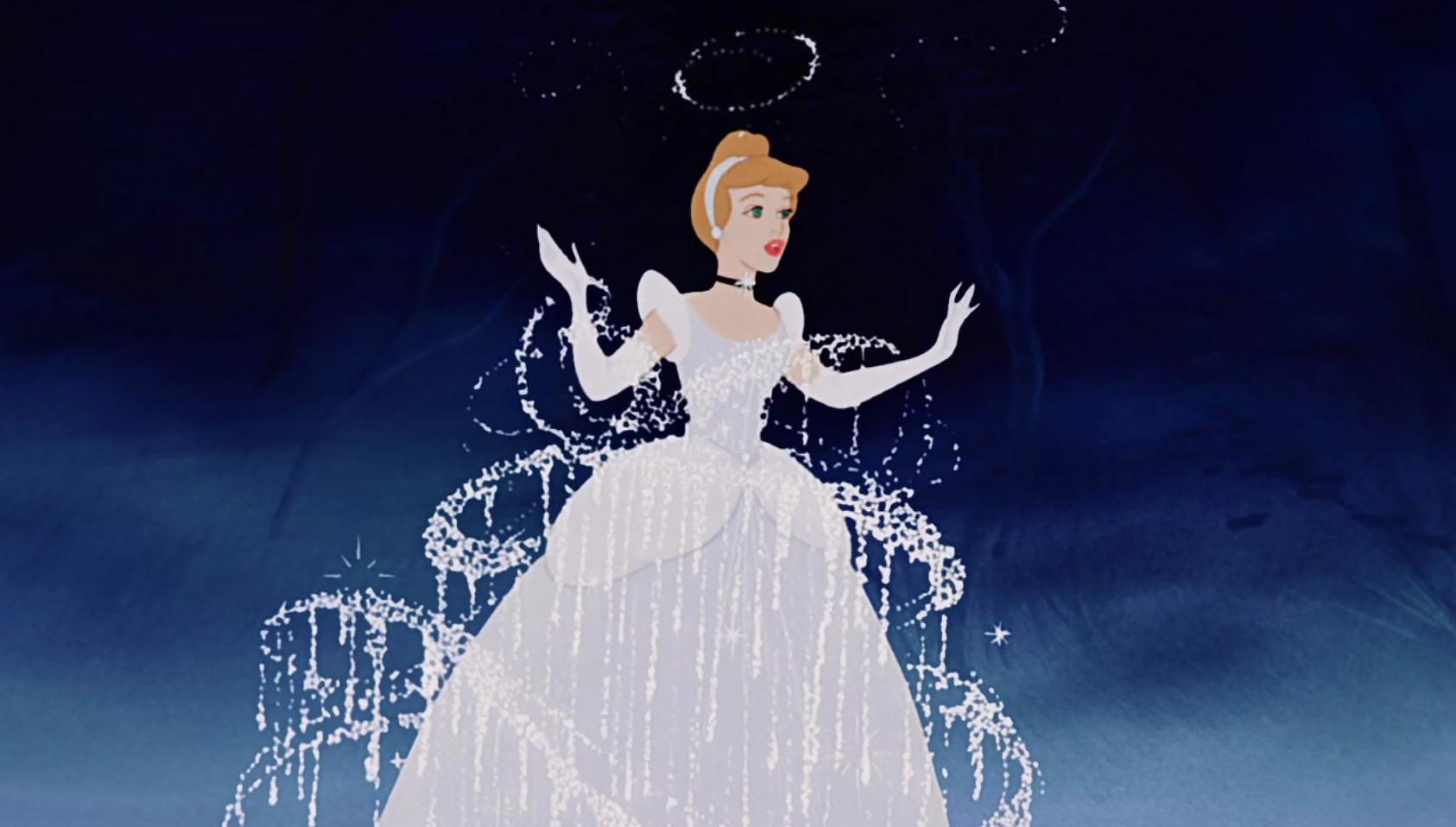 Screenshot of Cinderella transforming in Disney animation film.
