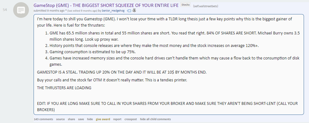 Redditor senior_hedgehog urges investors to buy GameStop stock.