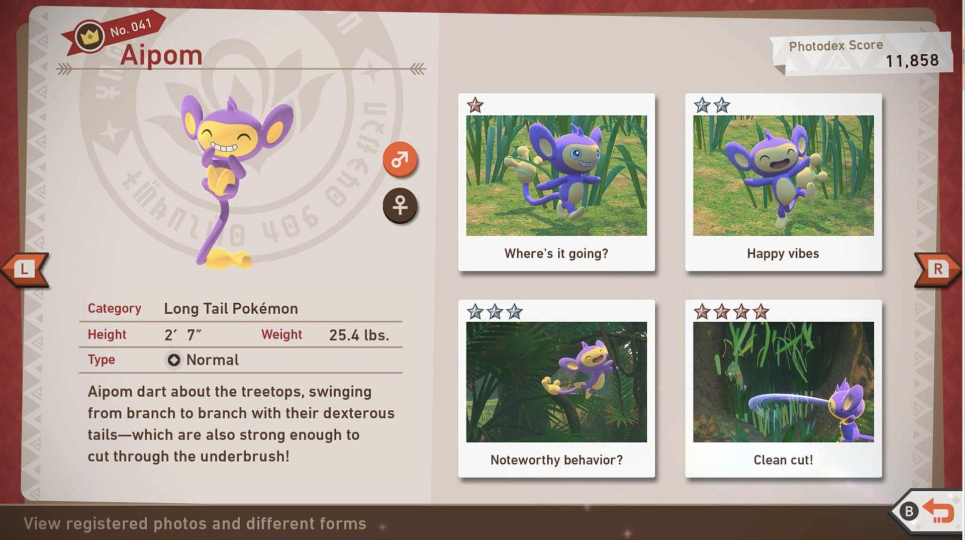 Screenshot of New Pokemon Snap Aipom Dex entry.