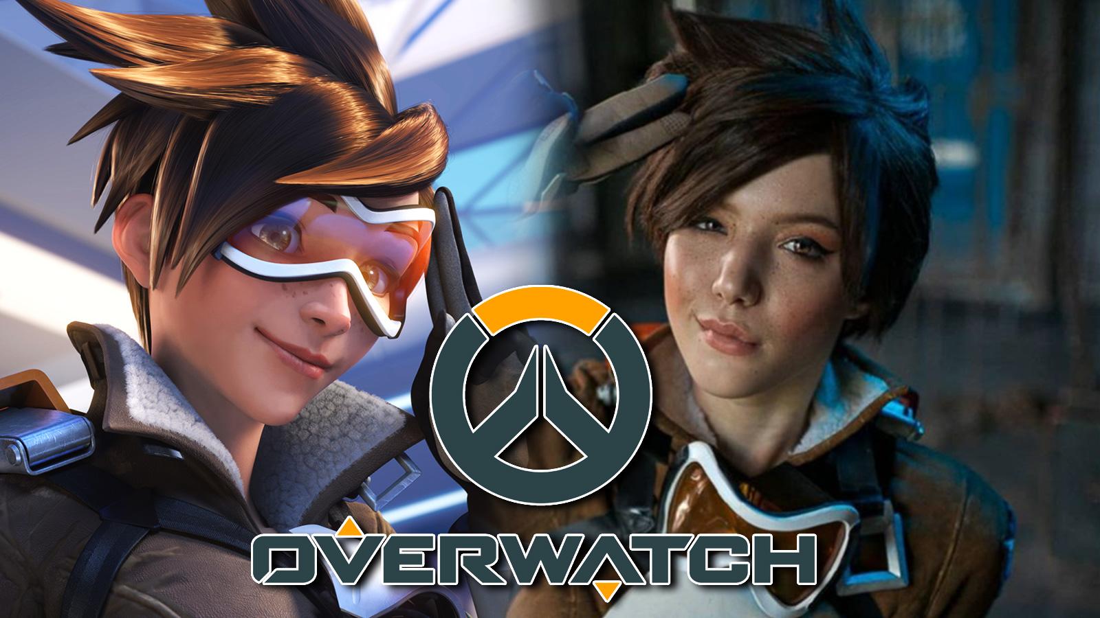 Screenshot of Tracer from Overwatch next to cosplayer.