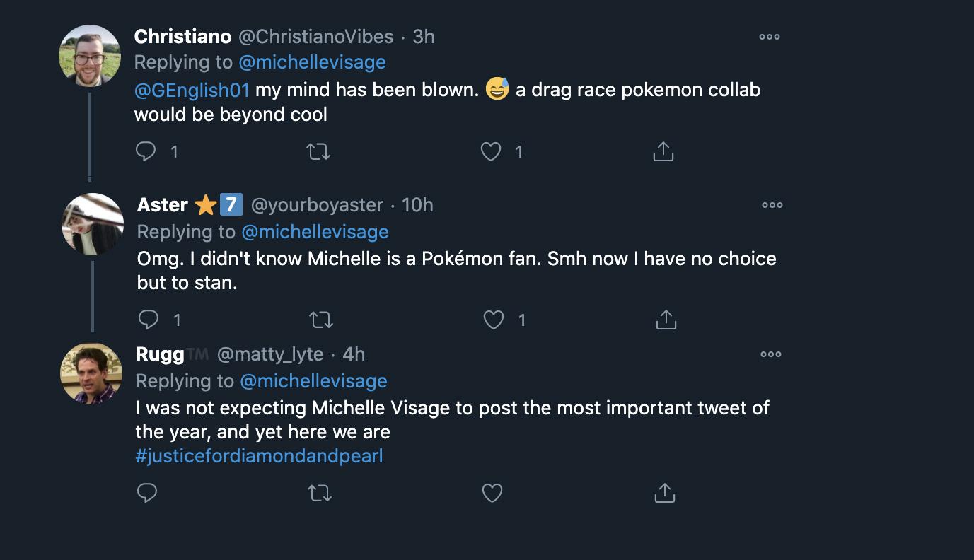 Screenshot of Pokemon fans reacting to Visage tweets on Pokemon.