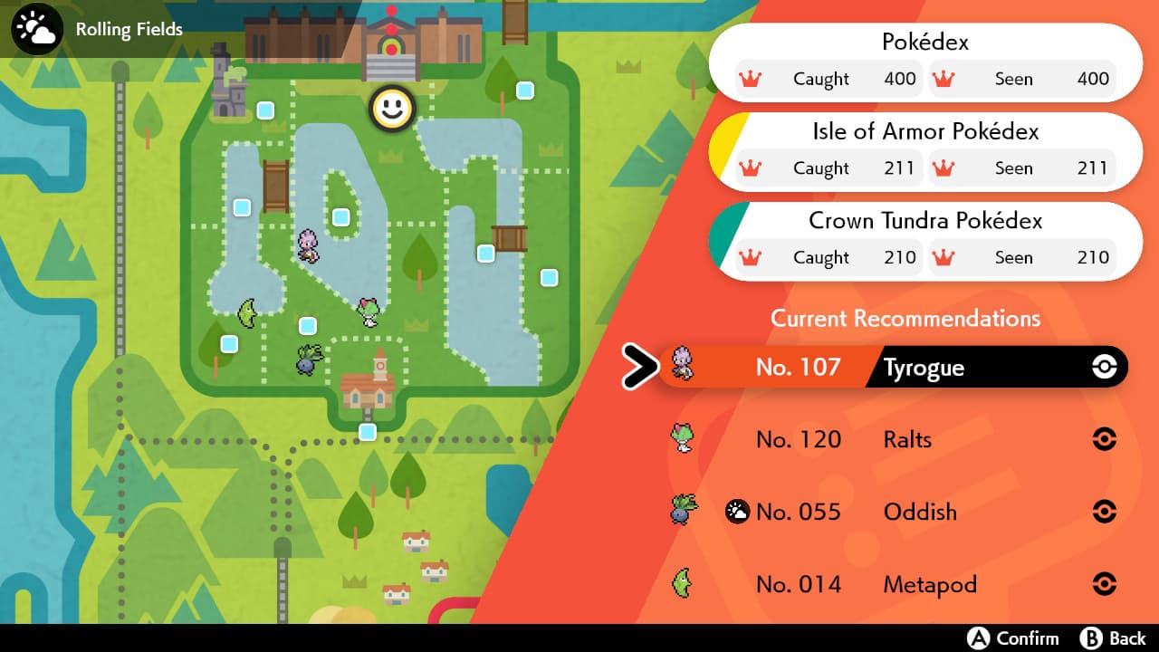 Screenshot of Pokemon Sword & Shield Dex recommendation feature.