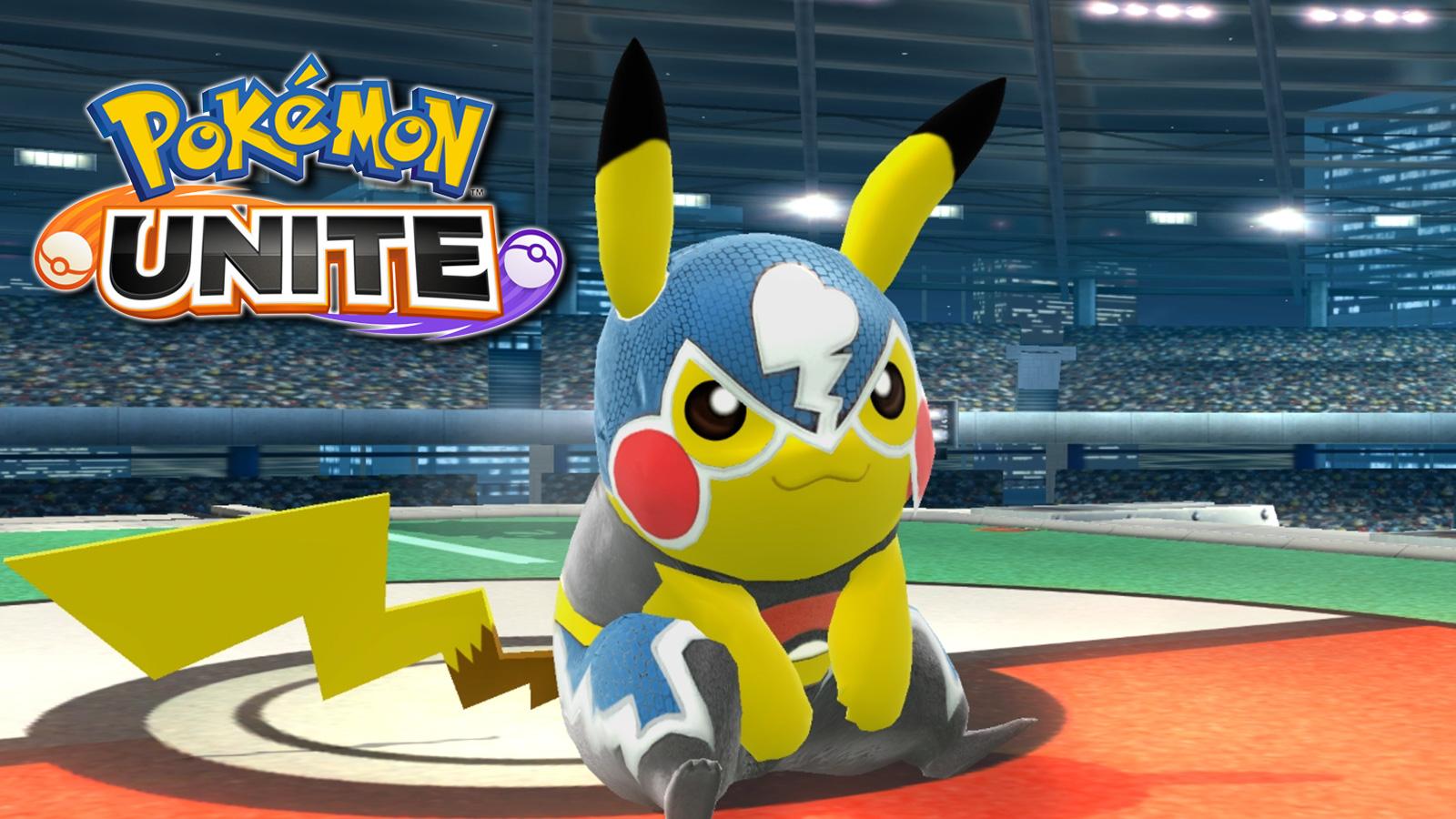 Screenshot of Pikachu Libre from Pokken Tournament next to Unite logo.
