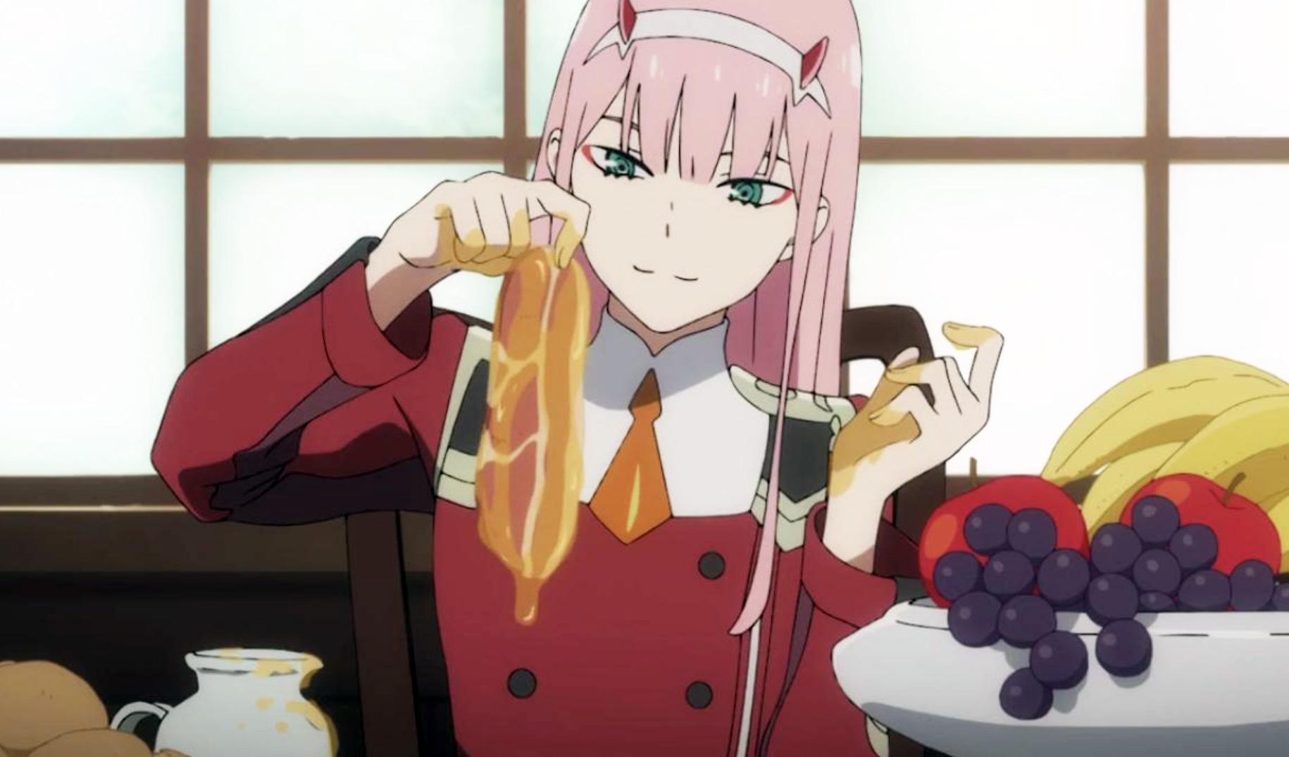 Screenshot of protagonist Zero Two in Darling in the Franxx anime.