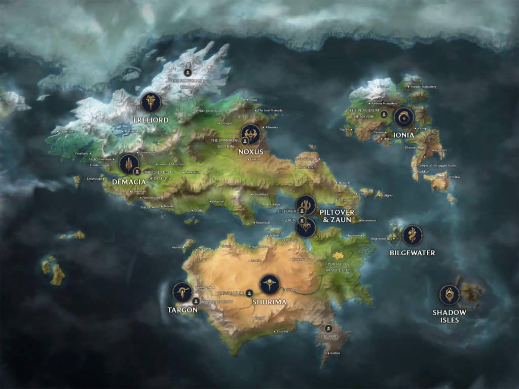 The full map of Runeterra, the world of League of Legends.