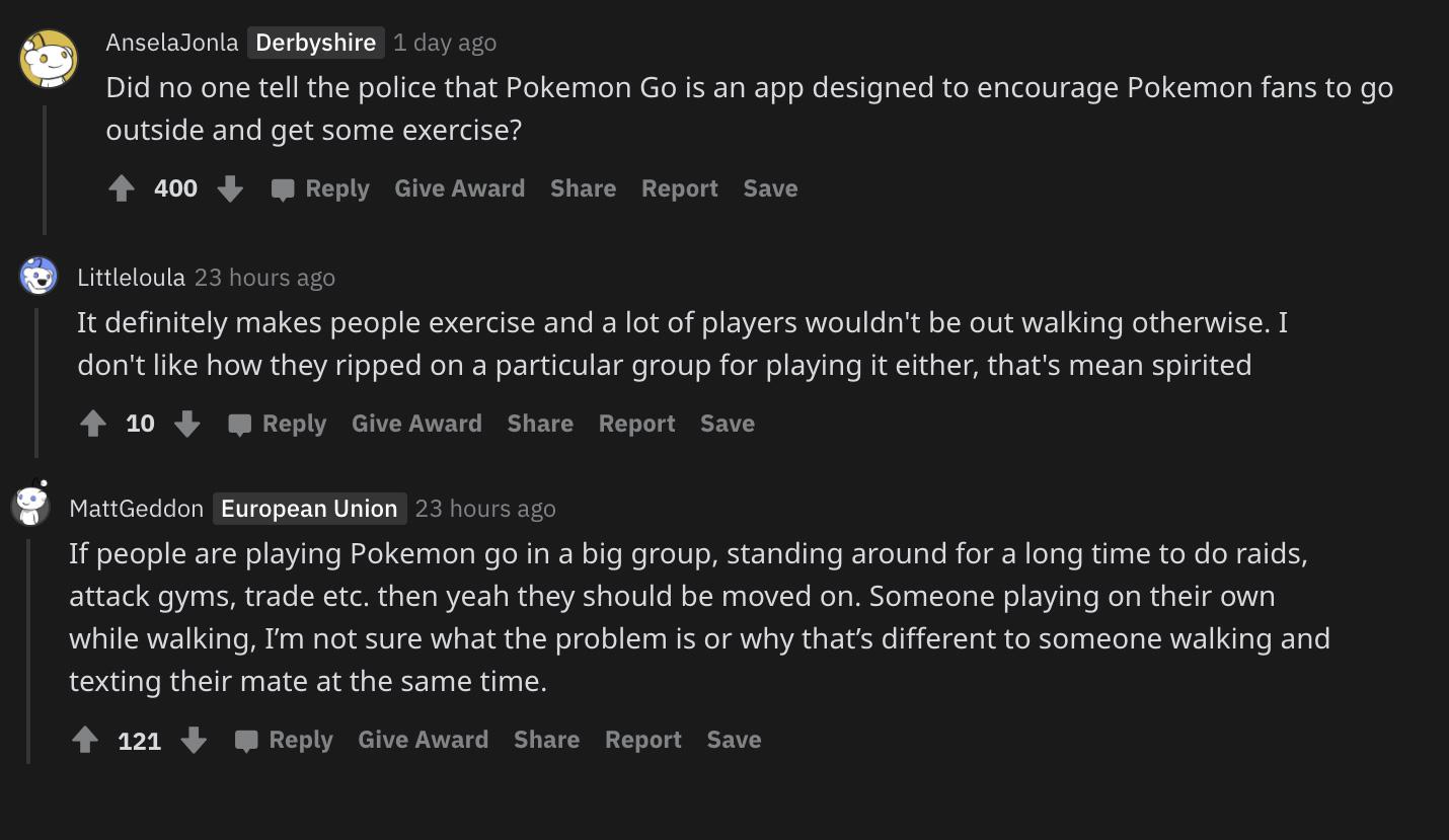 Screenshot of Pokemon Go players reacting to Essex Police on Reddit.