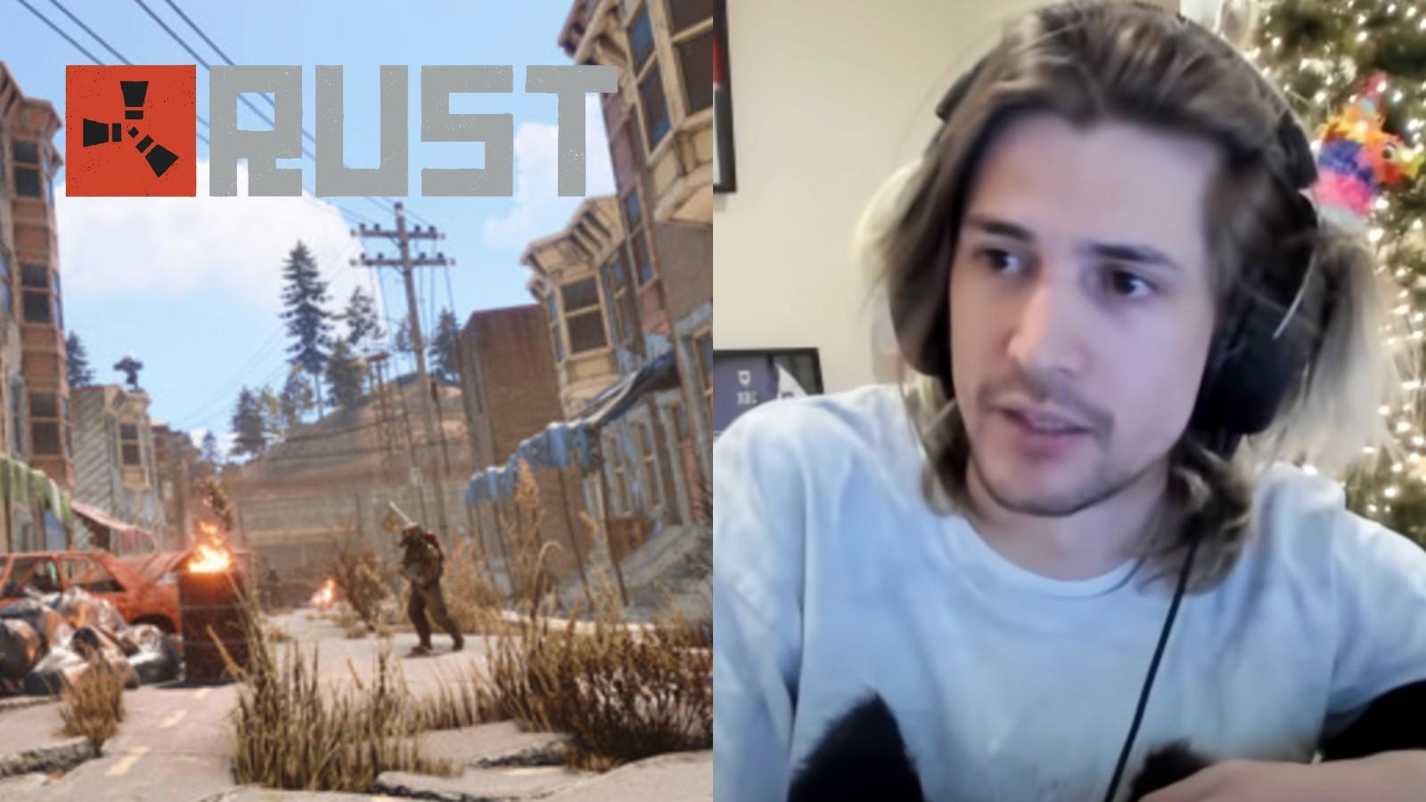 xQc next to a Rust promotional image and the Rust logo