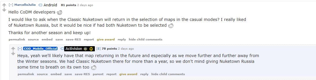 CoD Mobile devs message on Reddit about Nuketown