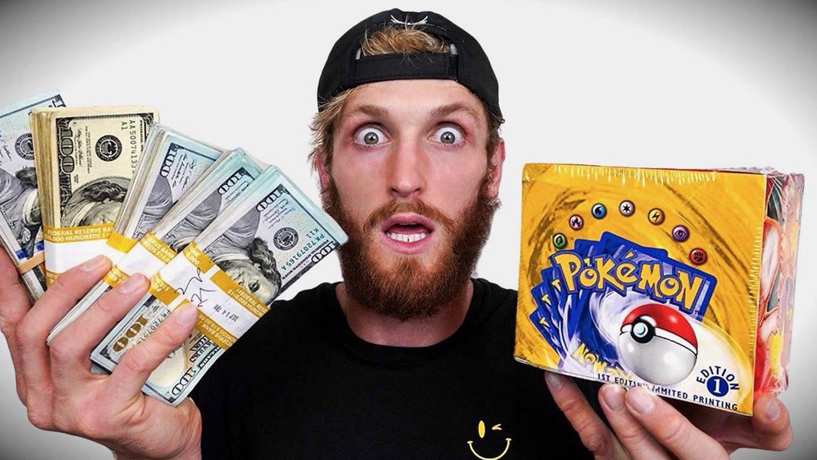 Logan Paul holding Pokemon cards and money