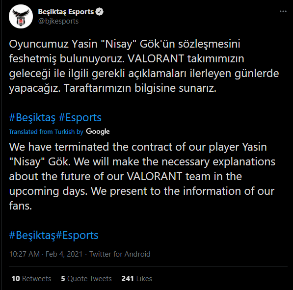 Beşiktaş Esports nisay valorant ban pro champions tour