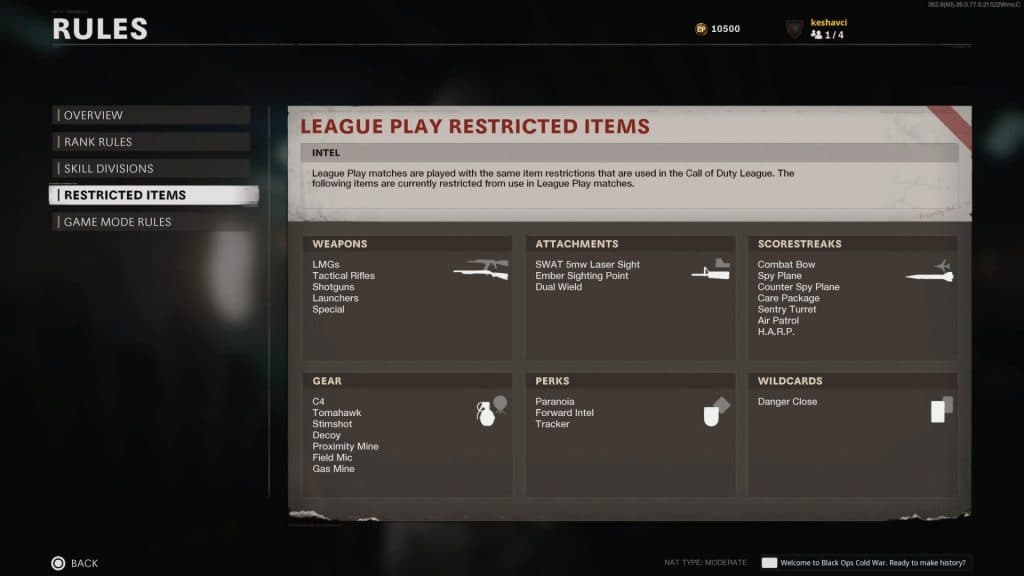 League Play restricted items