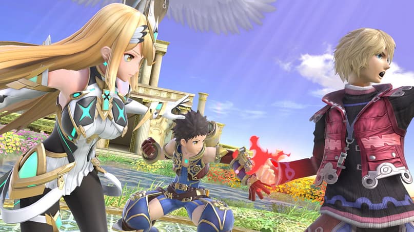 Pyra and Mythra attack with Rex and Shulk