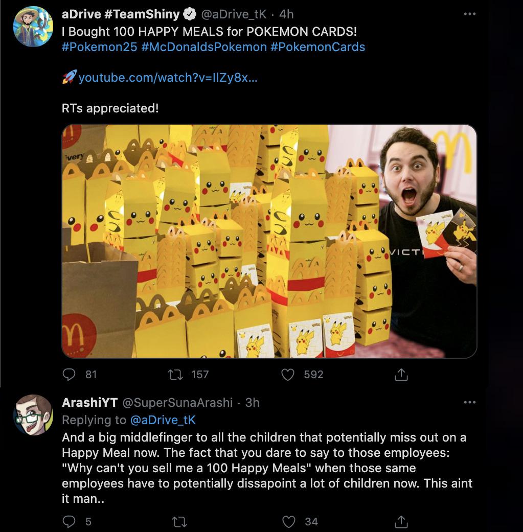 Screenshot of Pokemon fan angry at YouTuber for buying 100 Happy Meals for Pokemon 25th Anniversary.