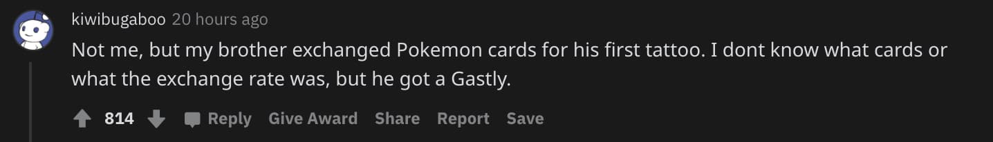 Screenshot of Pokemon fan telling story about cards being traded for Tattoo. 