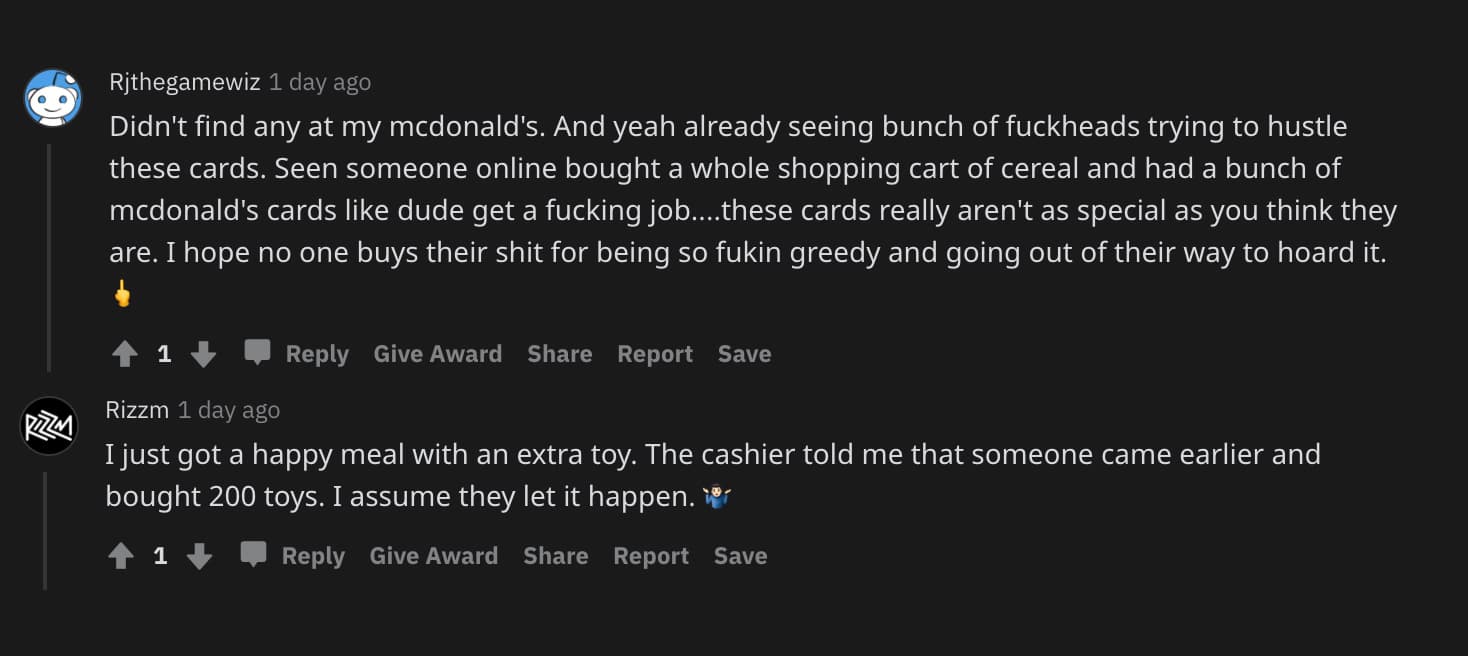 Screenshot of Pokemon fans angry over 25th Anniversary McDonalds cards.