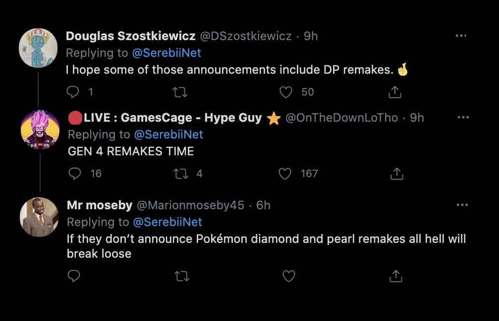 Screenshot of Pokemon fans wanting Diamond & Pearl.