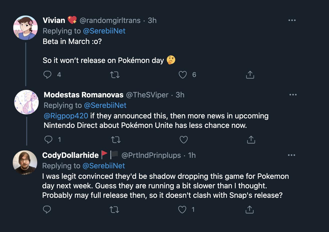 Screenshot of Pokemon fans reacting to Unite March Beta.