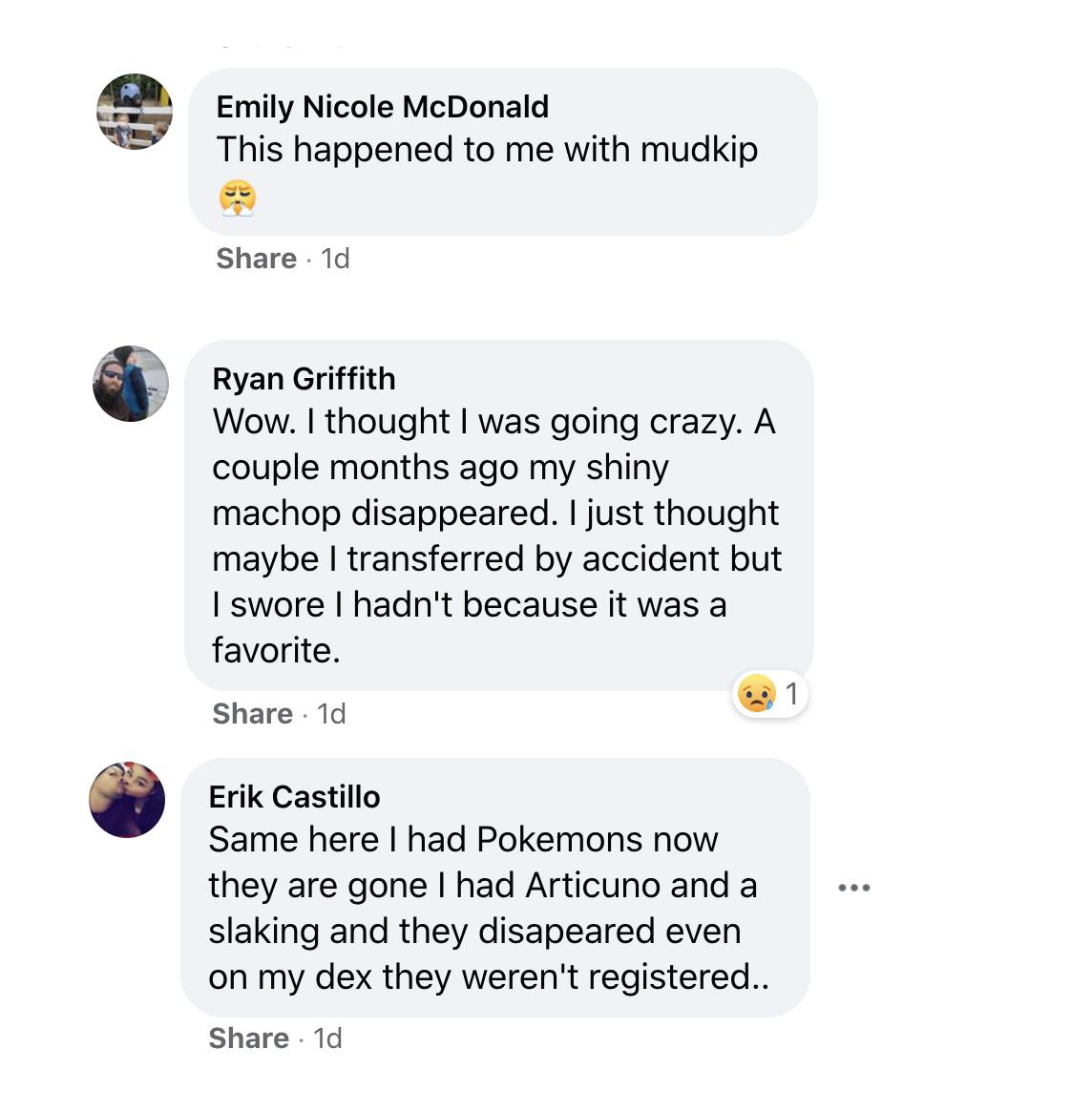 Screenshot of Pokemon Go players claiming 'mon disappeared.