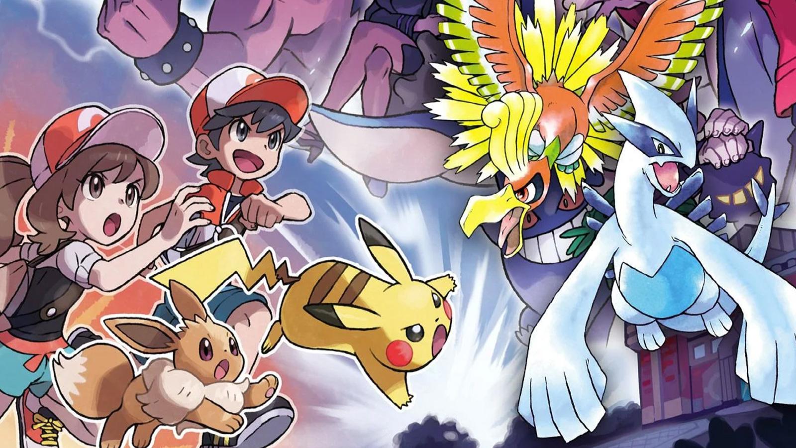 Screenshot of Pokemon Lets Go Pikachu protagonists next to Gen II Legendaries Ho-oh and Lugia.
