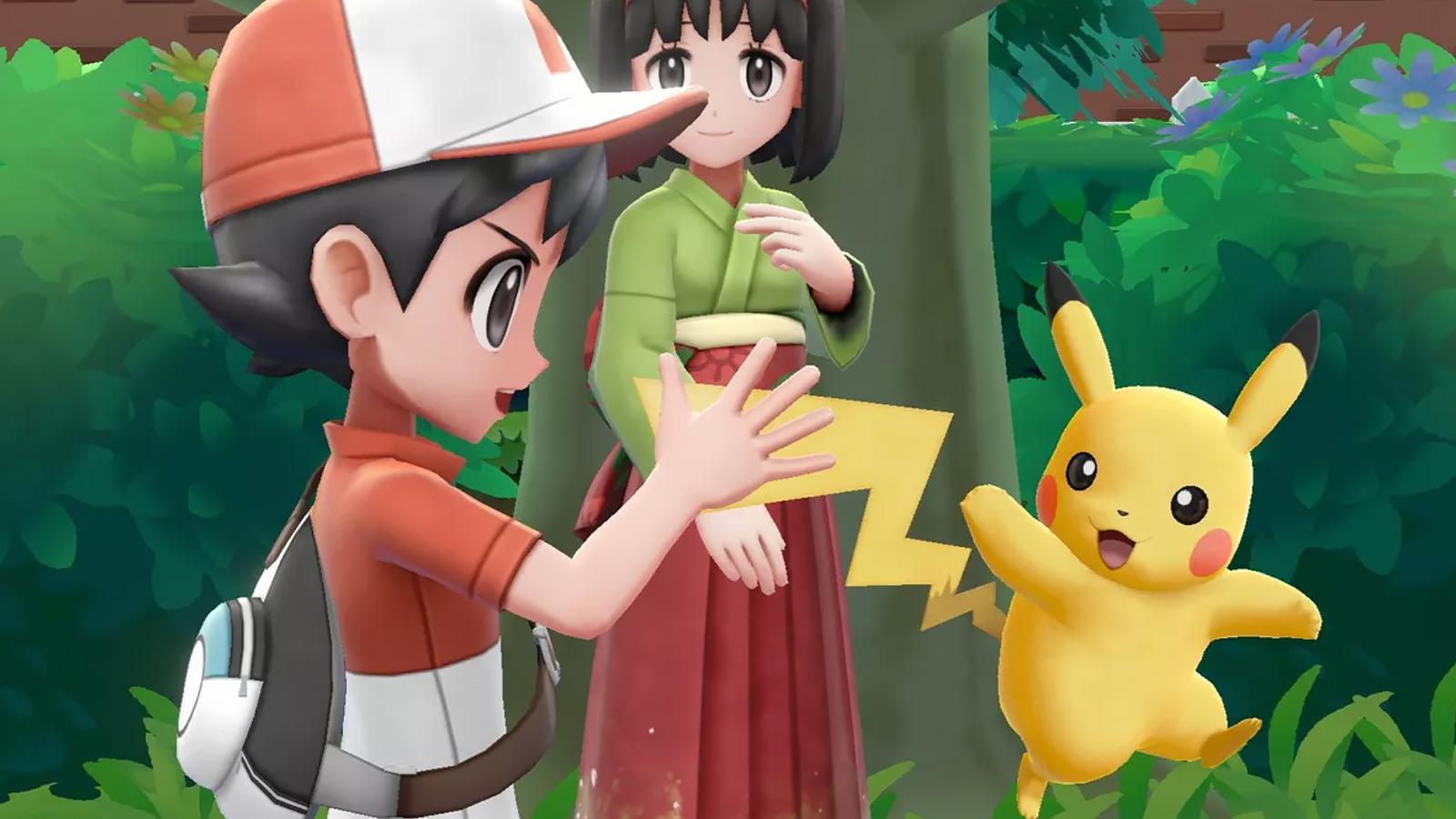 Screenshot of Pokemon Lets Go player high-fiving Pikachu.