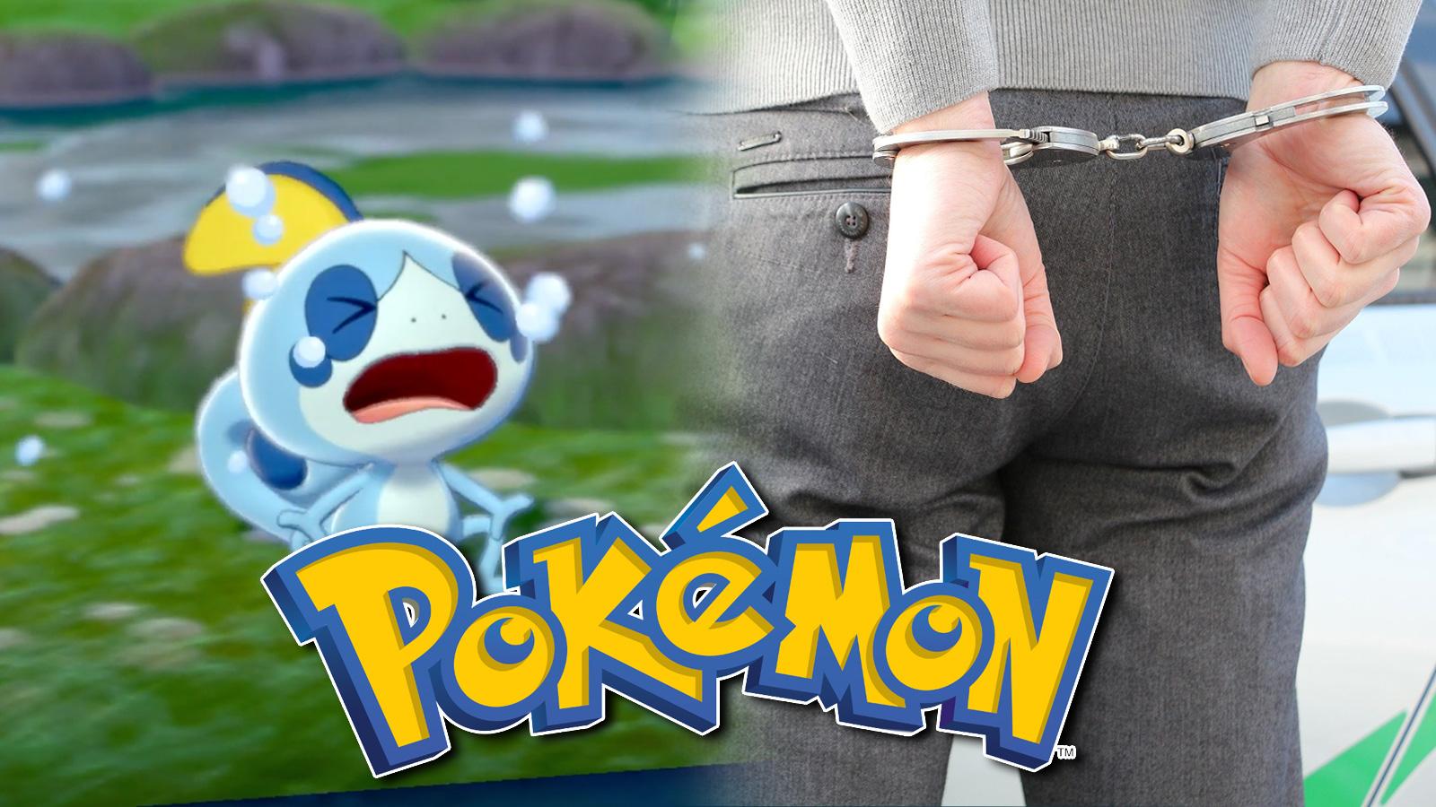 Screenshot of crying Sobble from Pokemon Sword & Shield next to image of man being arrested.