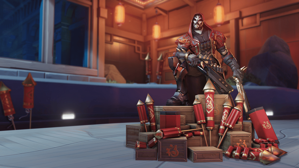 Reaper poses with a box of fireworks