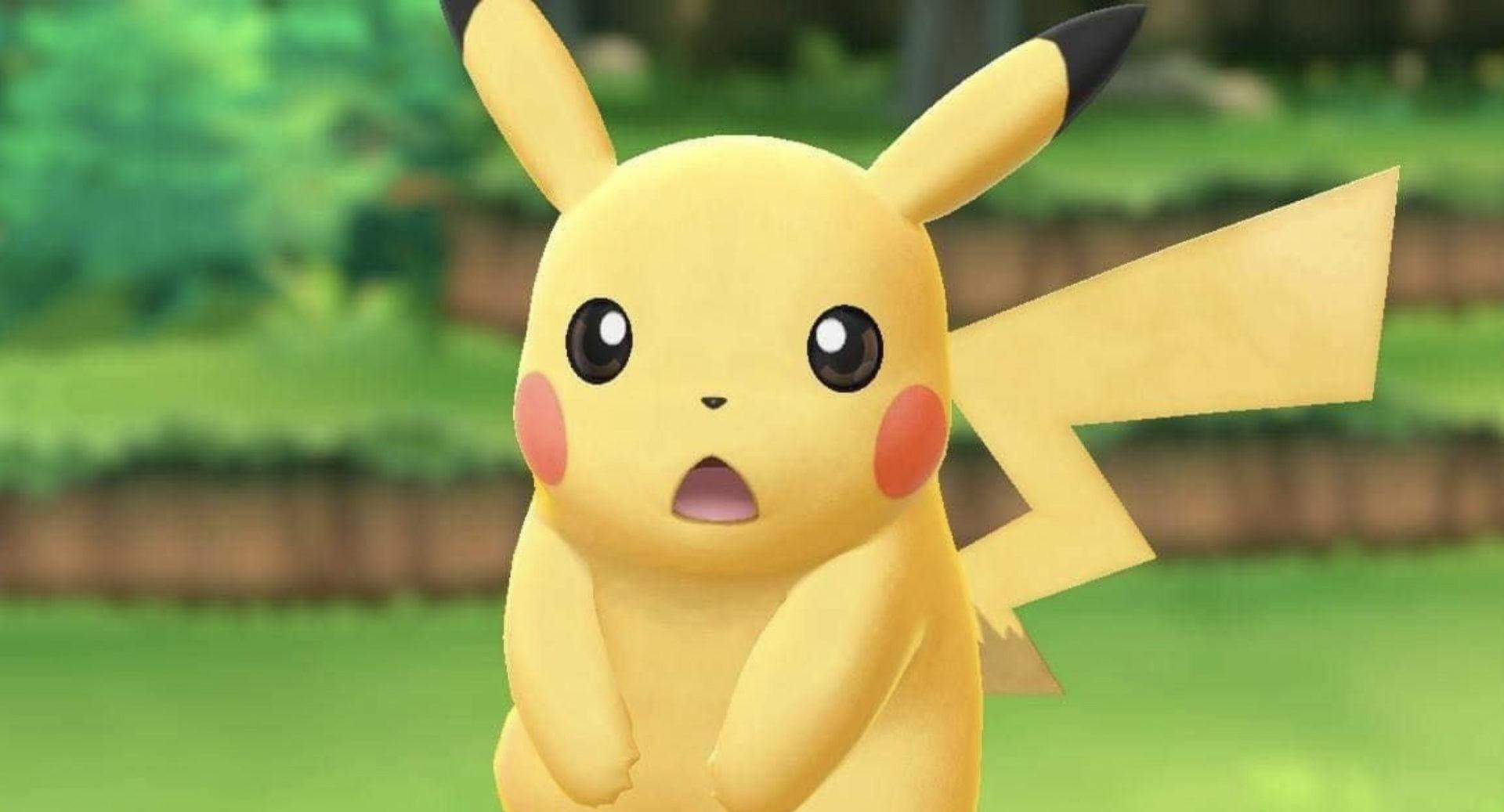 Screenshot of shocked Pikachu from Pokemon Lets Go Eevee & Pikachu.